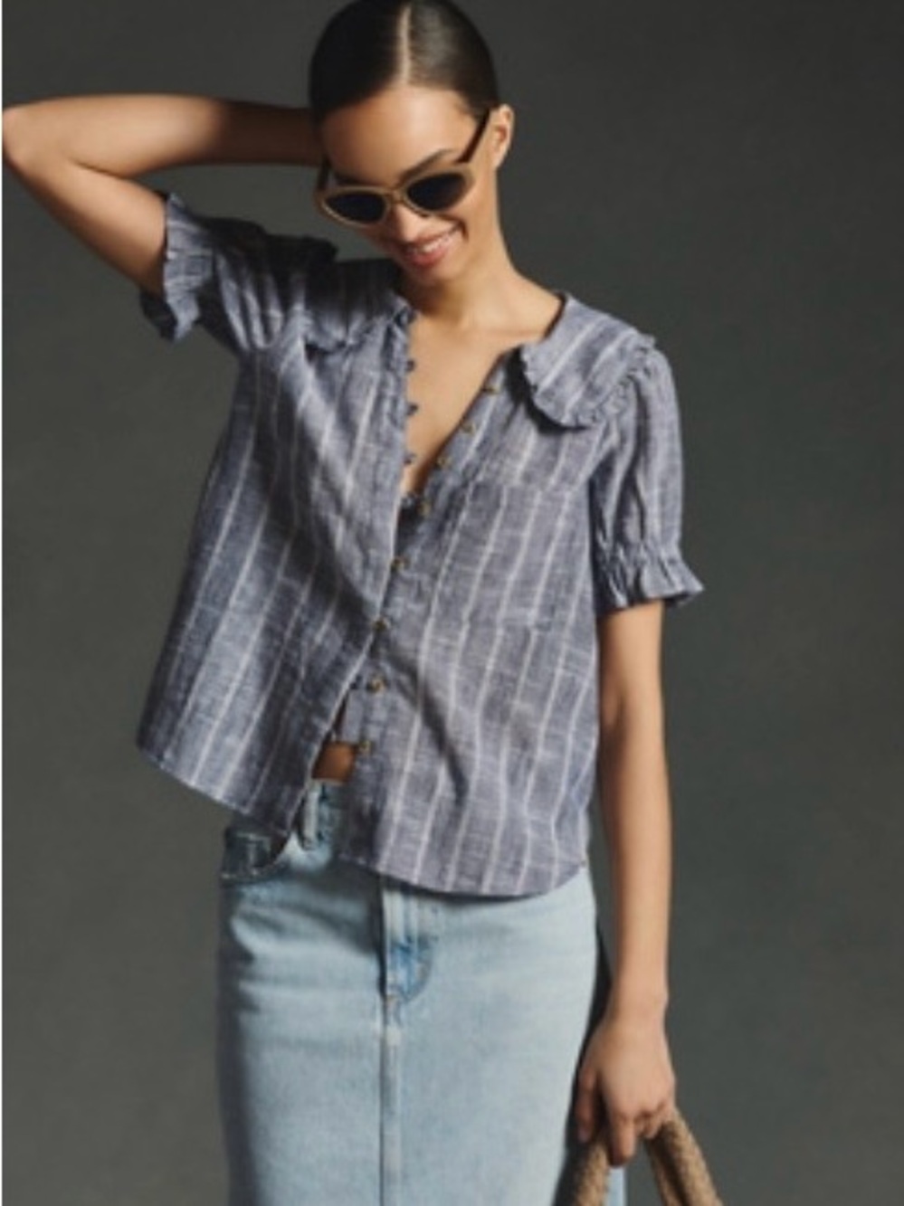 Pilcro Blue and White Striped Ruffle-Collar Button Down Top (Anthropologie) - Picture 7 of 7